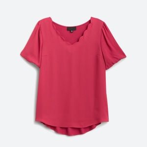 FORTUNE + IVY Arielle Scallop Detail Mixed Material Blouse in Dark Pink